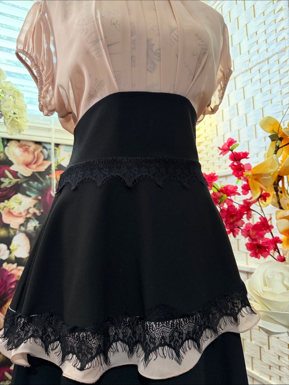 Rinascimento Blush Pink & Black Tiered Lace Midi Dress